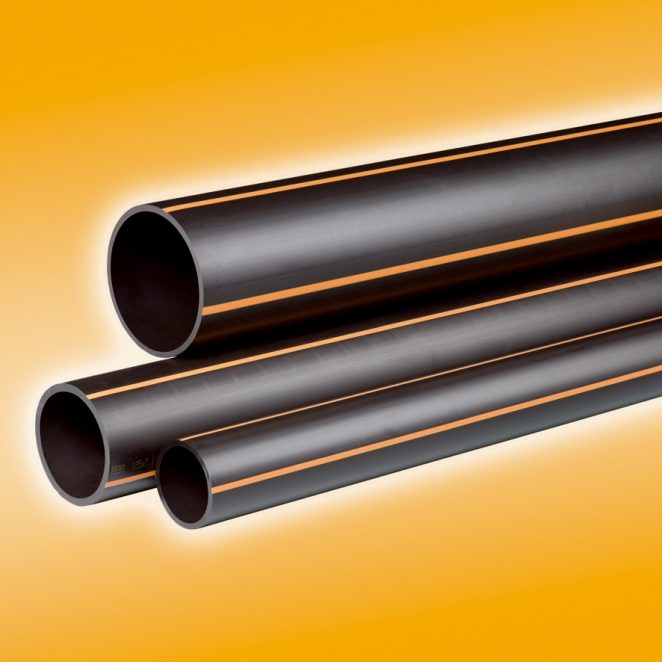 Pipelife PE 100 wastewater black pipe with red line on orange background